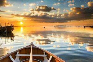 uma barco é em a água às pôr do sol. gerado por IA foto