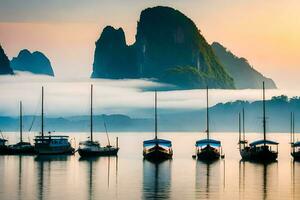 barcos dentro a água com montanhas dentro a fundo. gerado por IA foto