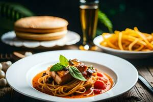 espaguete com carne e tomate molho em uma de madeira mesa. gerado por IA foto