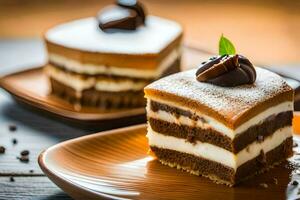 dois peças do bolo em pratos com chocolate e creme. gerado por IA foto