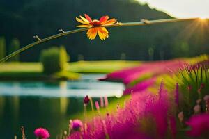 uma flor é dentro a primeiro plano do uma campo. gerado por IA foto