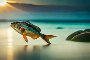 uma peixe é pulando Fora do a água às pôr do sol. gerado por IA foto