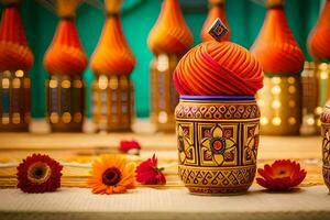 uma mesa com colorida vasos e flores gerado por IA foto