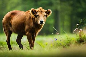 uma Castanho vaca é em pé dentro a grama. gerado por IA foto