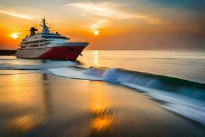 uma vermelho e branco cruzeiro navio dentro a oceano às pôr do sol. gerado por IA foto