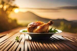 uma prato do frango em uma de madeira mesa. gerado por IA foto