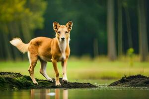 uma cachorro em pé em uma registro dentro frente do uma lago. gerado por IA foto