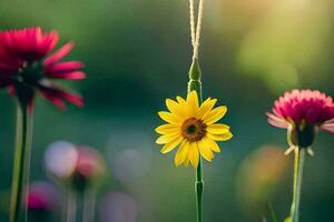 uma amarelo flor é suspensão a partir de uma corda. gerado por IA foto