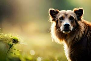 uma cachorro é em pé dentro a Relva com uma flor. gerado por IA foto