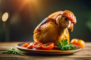 uma frango é sentado em uma prato com tomates. gerado por IA foto