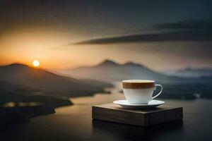 a café copo é em uma de madeira quadra dentro frente do a Sol. gerado por IA foto