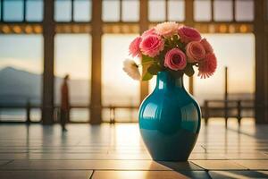 uma azul vaso com Rosa flores sentado em uma telha chão. gerado por IA foto