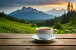 uma copo do chá em uma de madeira mesa dentro a montanhas. gerado por IA foto