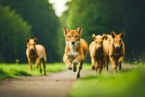 uma grupo do cachorros corrida em uma caminho. gerado por IA foto