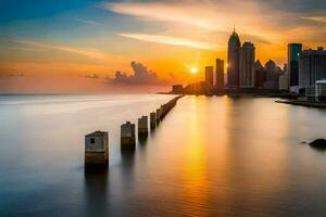 a Sol conjuntos sobre a cidade Horizonte dentro isto foto. gerado por IA foto