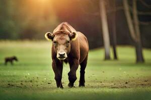 uma Castanho vaca caminhando dentro a grama. gerado por IA foto