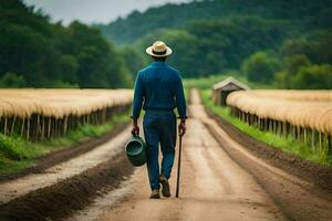 uma homem dentro uma chapéu e azul camisa caminhando baixa uma sujeira estrada. gerado por IA foto