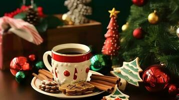 decorado café copo e biscoitos com fundo do Natal árvore foto