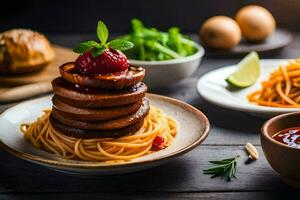 uma prato do espaguete com carne e molho em isto. gerado por IA foto