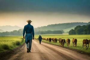 uma homem caminhando baixa uma sujeira estrada com vacas. gerado por IA foto