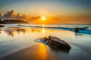 a Sol sobe sobre a oceano e ondas em uma de praia. gerado por IA foto