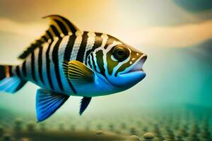 uma peixe com Preto e branco listras é natação. gerado por IA foto