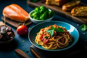 espaguete com carne, legumes e pão em uma mesa. gerado por IA foto