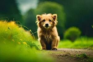 uma cachorro sentado em a lado do uma estrada. gerado por IA foto