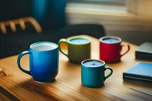 colorida café canecas em uma mesa. gerado por IA foto