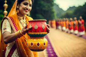 uma mulher dentro tradicional indiano vestuário segurando uma Panela. gerado por IA foto