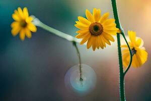 amarelo flores em uma haste com uma borrado fundo. gerado por IA foto