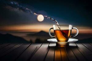uma copo do chá é ser derramado para dentro uma pires em uma de madeira mesa com uma lua em. gerado por IA foto