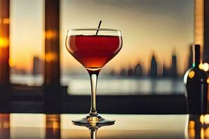 uma vidro do vermelho vinho sentado em uma mesa dentro frente do uma cidade Horizonte. gerado por IA foto