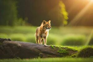 uma Lobo em pé em uma registro dentro a Sol. gerado por IA foto