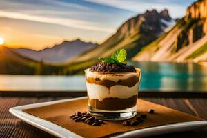 uma sobremesa com café e uma Visão do montanhas. gerado por IA foto