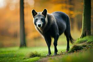 uma Preto Lobo é caminhando dentro a madeiras. gerado por IA foto