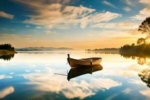 uma barco em uma lago às pôr do sol. gerado por IA foto