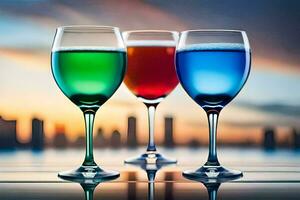 três vinho óculos com diferente colori líquidos. gerado por IA foto