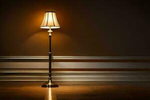 uma luminária em uma de madeira chão dentro uma Sombrio sala. gerado por IA foto