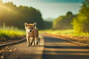 uma Raposa é caminhando ao longo uma estrada dentro a país. gerado por IA foto