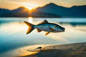 uma peixe pulando Fora do a água às pôr do sol. gerado por IA foto