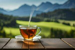 uma copo do chá em uma mesa dentro frente do uma montanha visualizar. gerado por IA foto