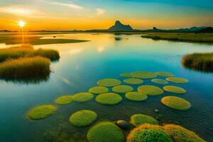 a Sol conjuntos sobre uma lago com verde plantas. gerado por IA foto