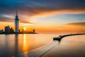 a pôr do sol sobre a cidade Horizonte dentro Taiwan. gerado por IA foto