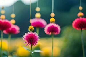 muitos colorida flores suspensão a partir de cordas. gerado por IA foto