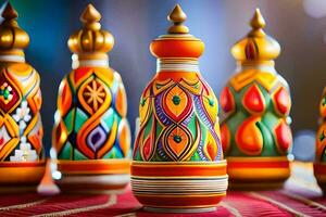 colorida pintado de madeira vasos em uma vermelho mesa. gerado por IA foto