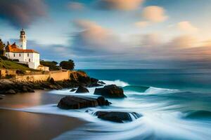 uma farol senta em a costa do uma rochoso de praia. gerado por IA foto