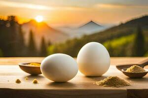 ovos e especiarias em uma mesa com montanhas dentro a fundo. gerado por IA foto