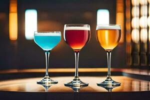 três diferente colori bebidas dentro óculos em uma mesa. gerado por IA foto