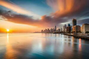 a Sol conjuntos sobre a cidade Horizonte dentro dubai. gerado por IA foto